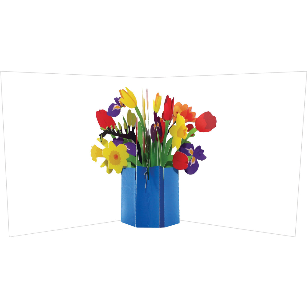 2-to Tango Pop-Up Card - Flower Bouquet in Vase     A beautifully handcrafted pop-up card created by one of the world's foremost paper engineers Maike Biederstadt, featuring a stunning flower bouquet set in a blue vase. This keepsake/unique card is sure to be treasured for a long time after the occasion intended.