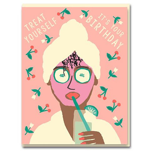 a lady in a beauty mask drinks her cocktail. above of her ' treat yourself, it's your birthday' written.  base pink