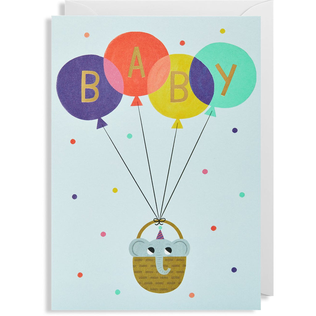 Baby Blue Elephant Balloon Greeting Card - Lagom Design by Allison Black