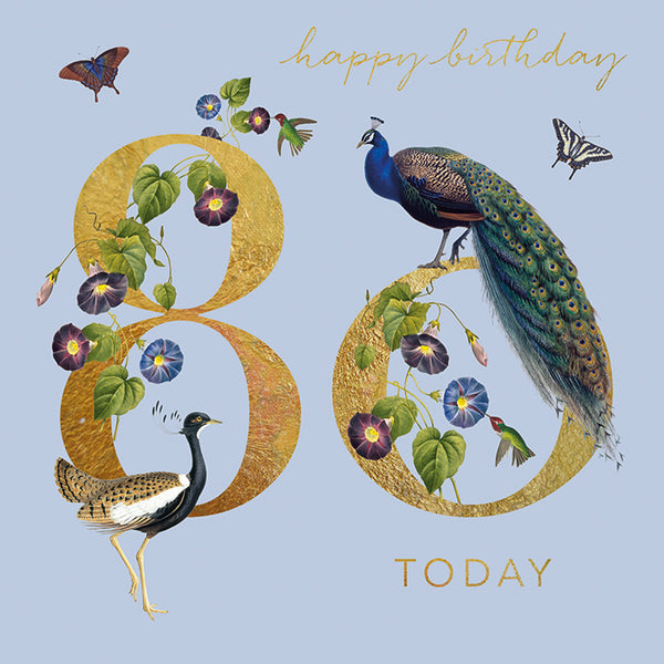 Gold coloured '80 today' with romantic birds and flowers around it. 'happy birthday' written in handwriting