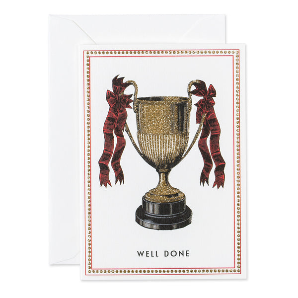 a golden sparkle trophy with red ribbons, 'well done' written below. base white