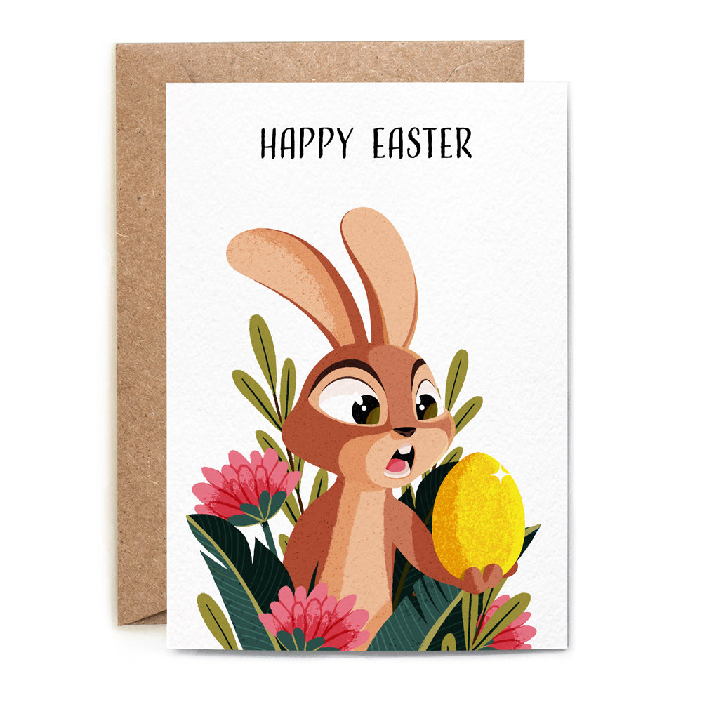'happy easter' written on top. bunny finds a golden Easter egg inside of the flower heap. base white