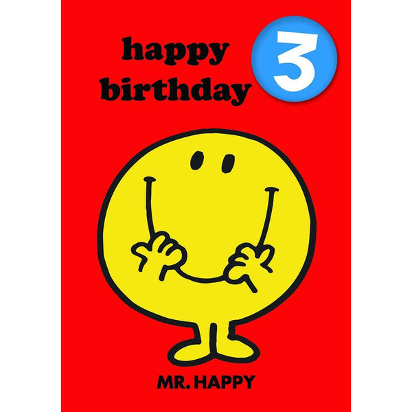 Mr Happy Age 3 Badge Birthday Card - Hype Cards