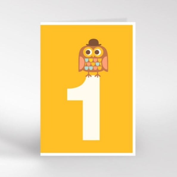 Owl Age 1 Birthday Card - Dicky Bird yellow base.